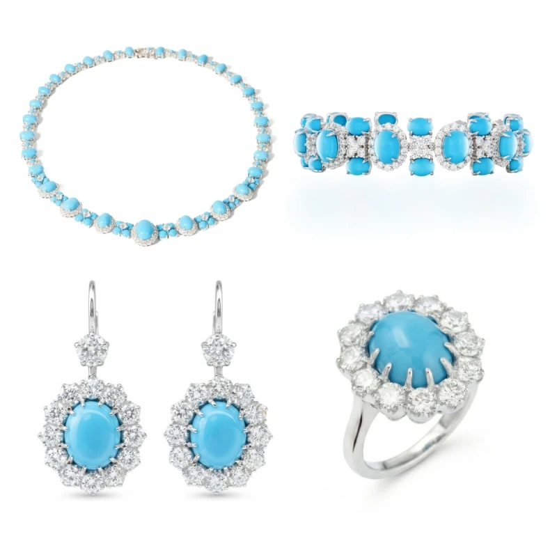 

Bellux 925 silver gold-plated synthetic high carbon diamond turquoise oval luxury banquet high-end jewelry set