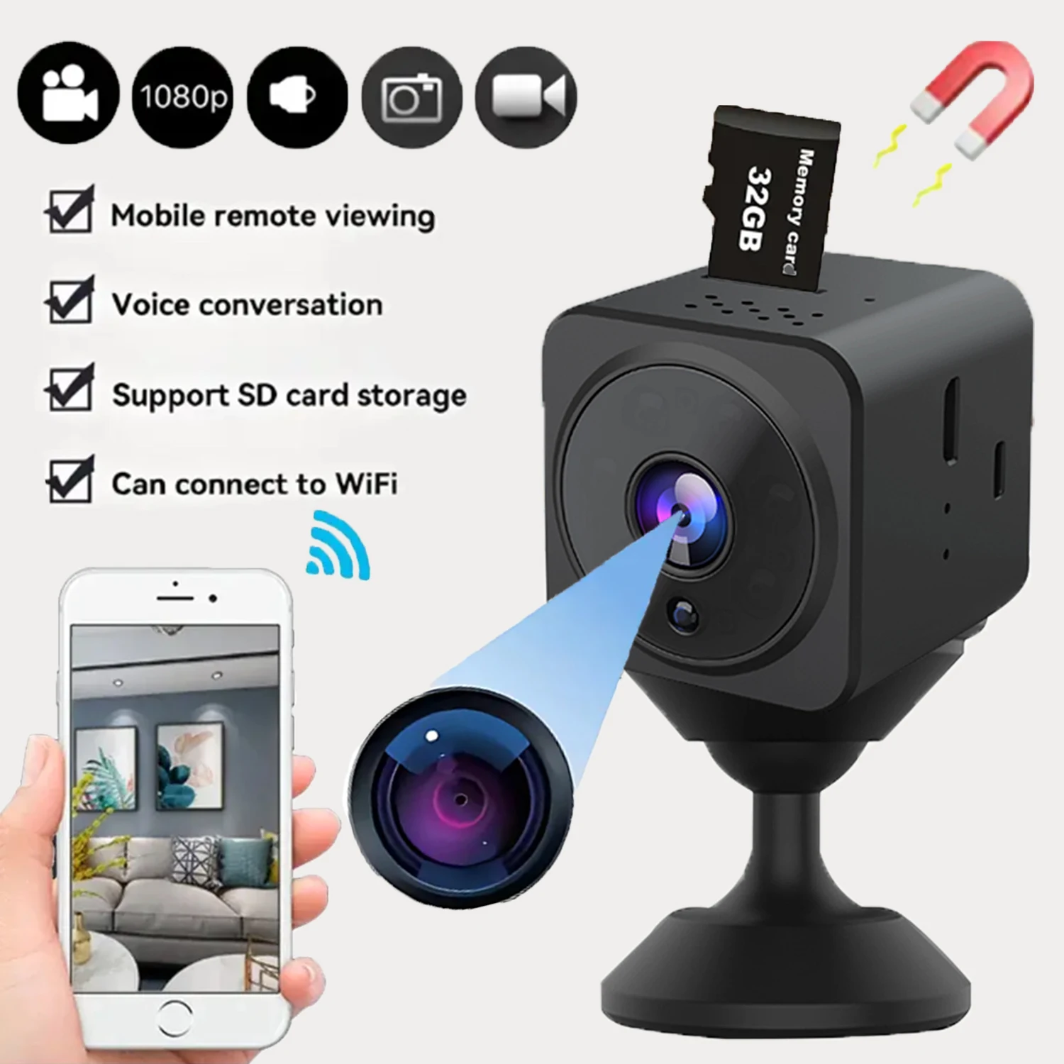 

1080P HD Мини-камера Wi-Fi Беспроводные домашние камеры видеонаблюдения Ночное видение Умный домашний спортивный монитор