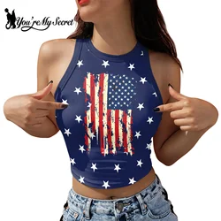 [You're My Secret] Summer Short Sleeveless T-shirt Women Graphic USA Flag Printed Off Shoulder Vest  Female Y2k Tank Crop Tops