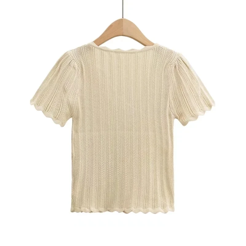 Women V Neck Knitted Crochet Tee With