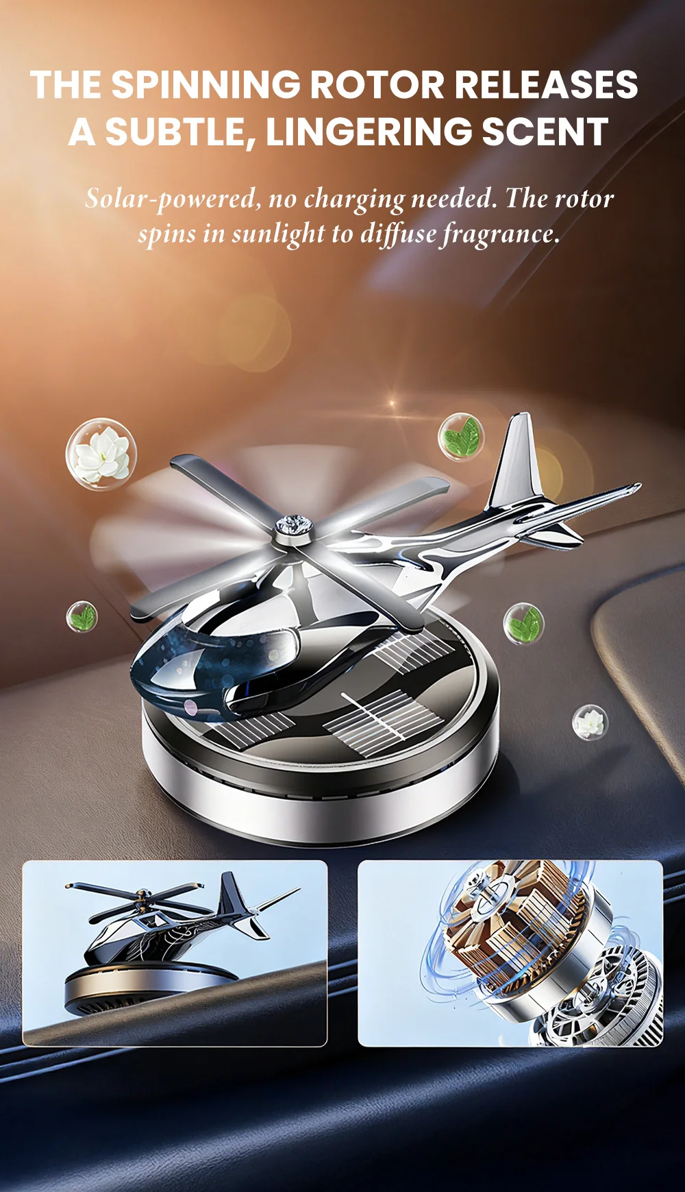 Solarbetriebener, rotierender Hubschrauber als Auto-Dekoartikel mit kreativer Aromatherapie für die Mittelkonsole, als Geschenk für Männer. – Detail 3