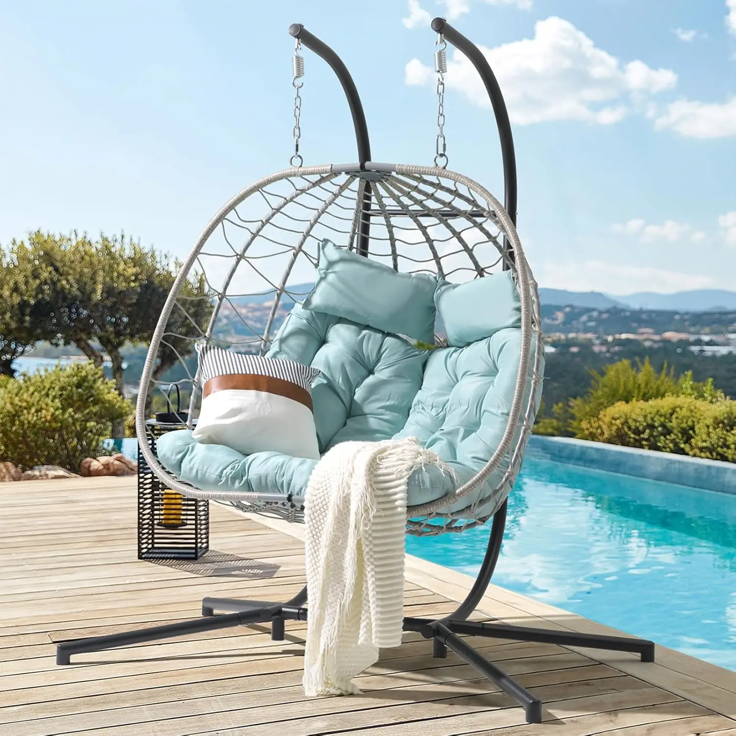 Patiorama 2 Person Double Egg Swing Chair With Stand Indoor Outdoor, Patio Wicker Rattan Hanging Egg Chair W/Cushion, Pillow,