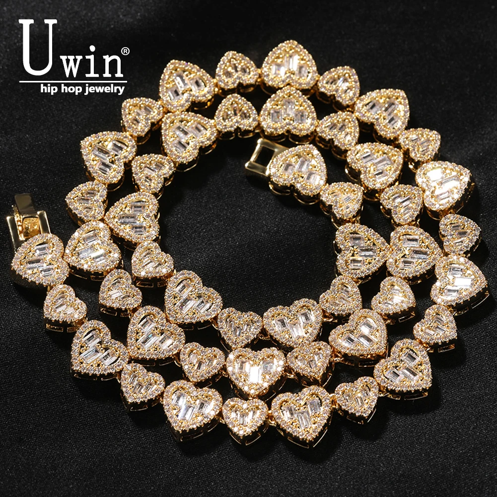 UWIN 10mm Heart Necklace Big Small Hearts Interspersed Full Iced Out  Baguette CZ Inlay Luxurious Choker HipHop Jewelry