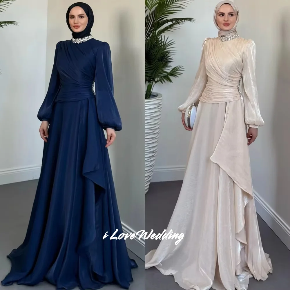 

Blue High Neck Evening Dresses Crystal Beaded A-line Saudi Arabia Dubai Floor-Length Bespoke Occasion Dresses Pleated Customized