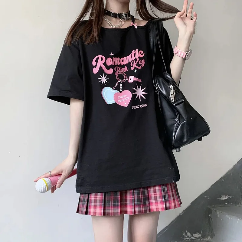 Kawaii Off Shoulder T-Shirt Women Harajuku Y2K Cute Graphic Loose Preppy Tees Fashion Sweet Girl Female Casual Half Sleeve Tops