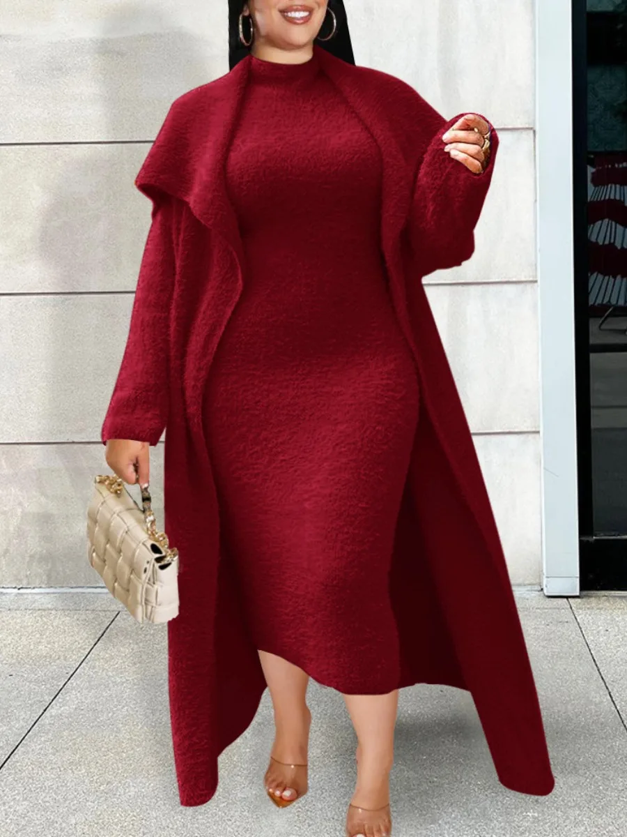 LW Plus Size skirt set Basic Solid Color Skinny Skirt Set Autumn winter warm women's matching set long coat + maxi dress sets