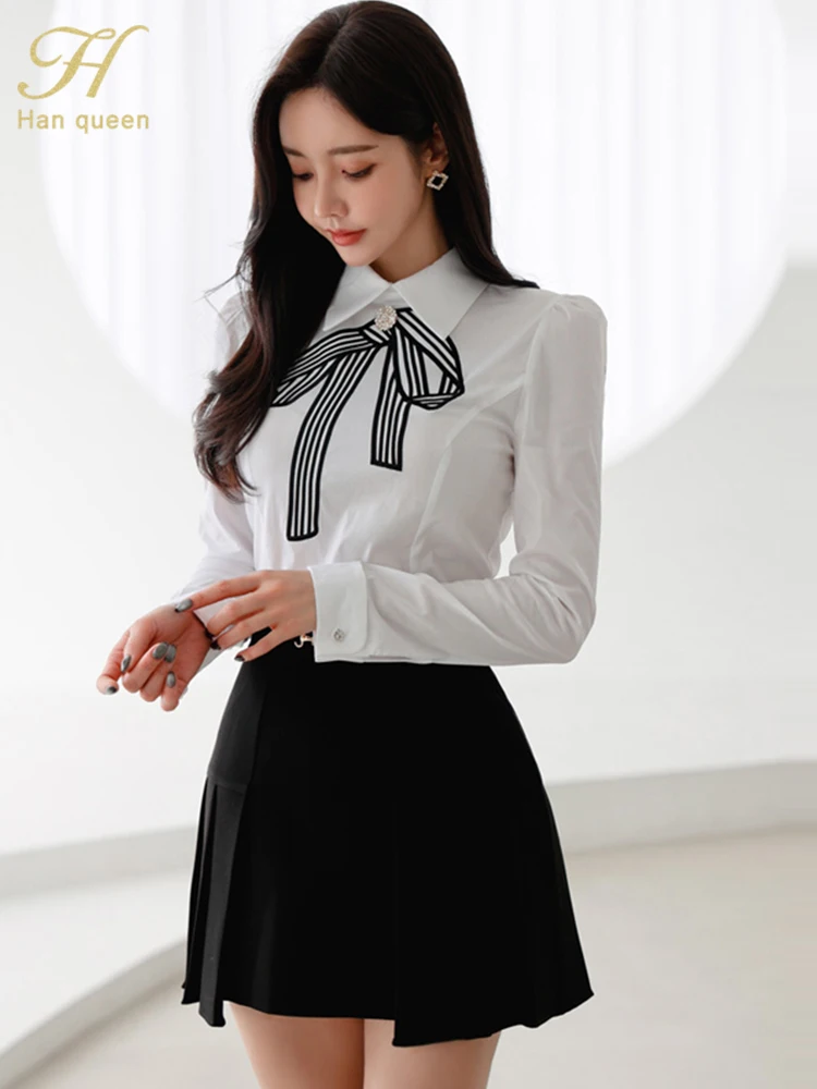 Han Queen New In Matching Sets White Shirts + Short Skirts Korean Set Woman 2 Pieces Chic And Elegant Summer Clothes Women 2024