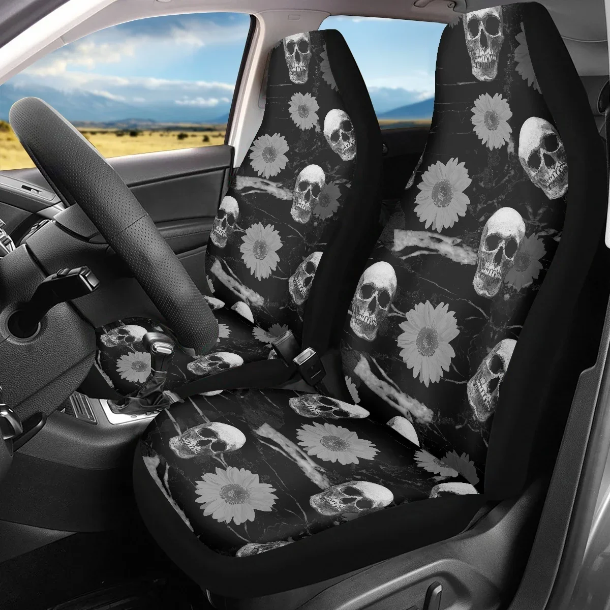 3D Gothic Skull Design Car Seat Cover Slip-Resistant Universal 2pcs Set Easy to Install Car Accessories Fit SUV Coprisedili Auto