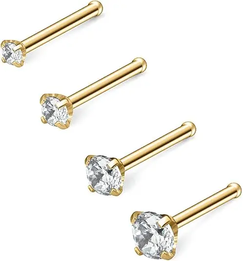 4PCS Round Diamond CZ Nose Bone Studs Rings, Piercing Jewelry