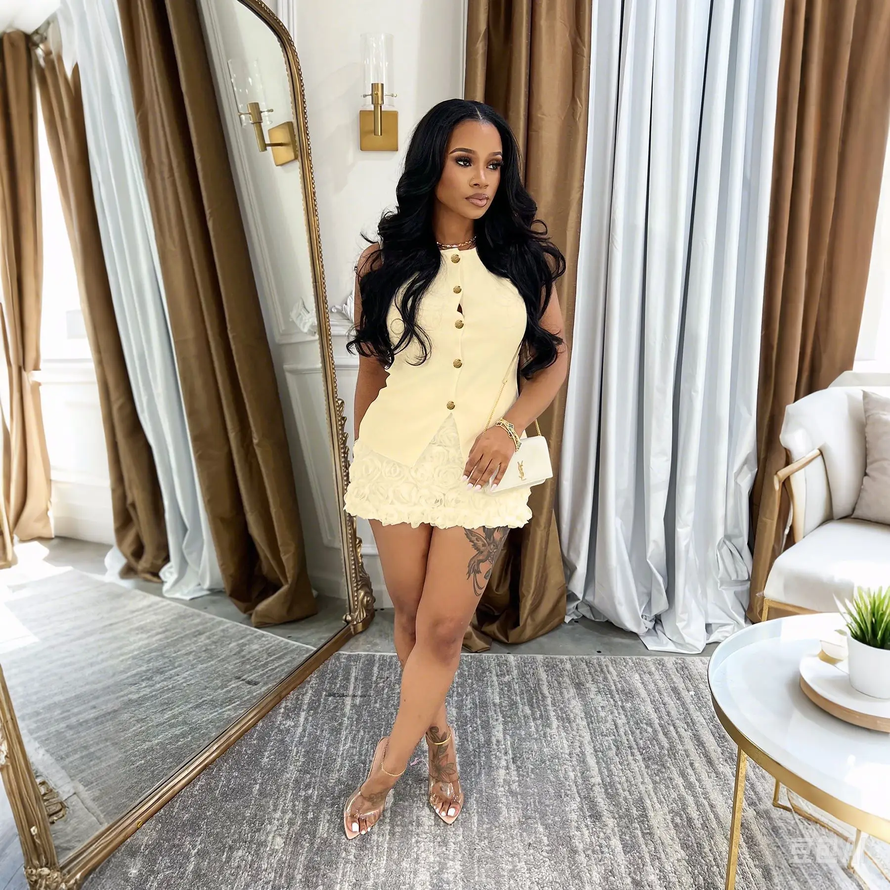 شقيقة ستار المرأة مثير هوتي بلون بلا أكمام أعلى ثلاثي الأبعاد زهرة الدانتيل التفاف الورك نصف تنورة قطعتين مجموعة