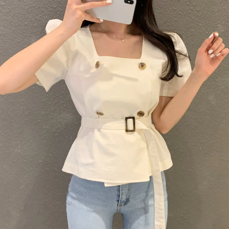 

Korean Square Collar Short Sleeve Shirts Blouses Belt Tunic Ropa Mujer Double Breasted Blusas Camisas Summer Fashion Tops