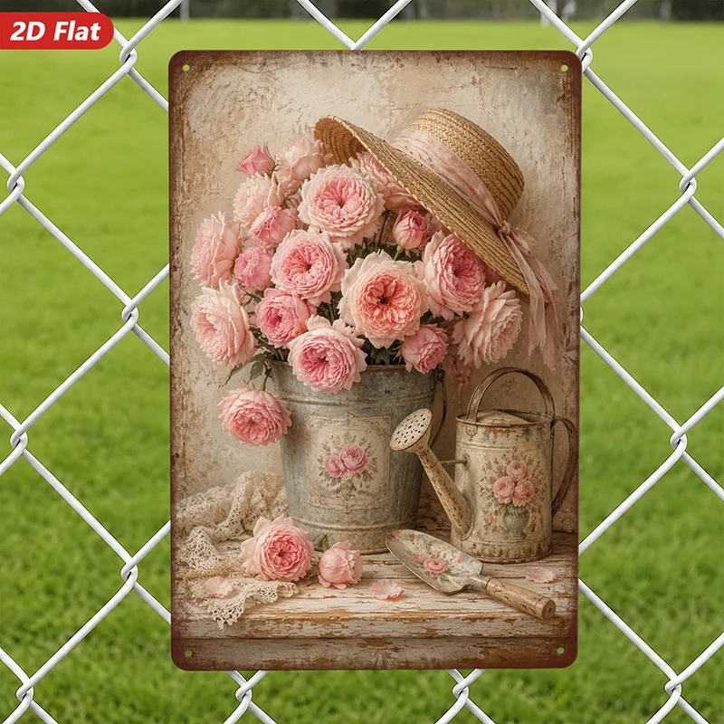 2D Flat, 1pc Metal Sign Wall Art, Vintage Style, Pink Roses, Straw Hat Decor, Home Decor, for Living Room, Bedroom, Safe Roun