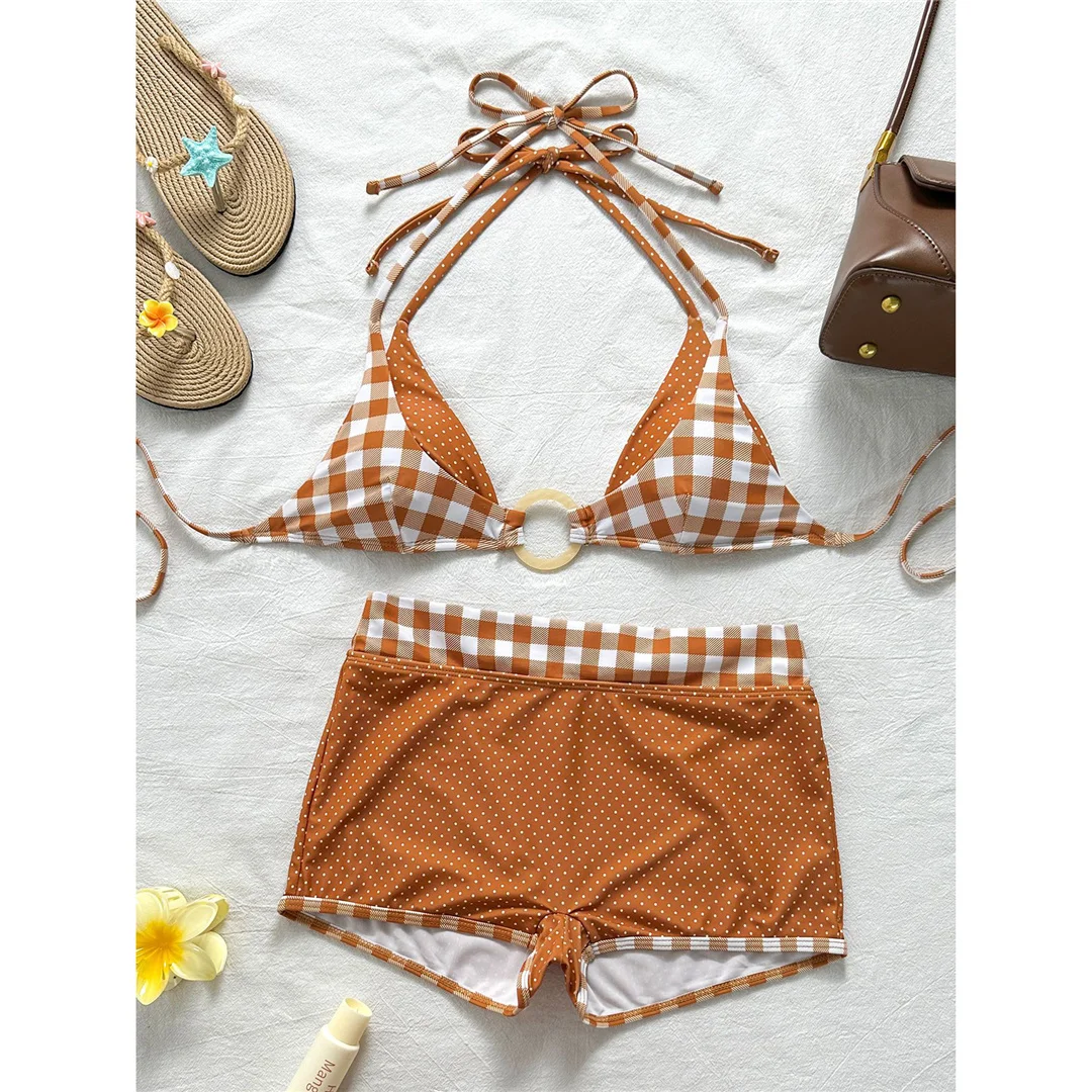Karierte Shorts mit Polka-Dot-Muster, Neckholder-Bikini, Damen-Badebekleidung, zweiteiliger Bikini-Set, gepolsterter Badeanzug, Badebekleidung, Badeanzug, Modell V8507. – Detail 4