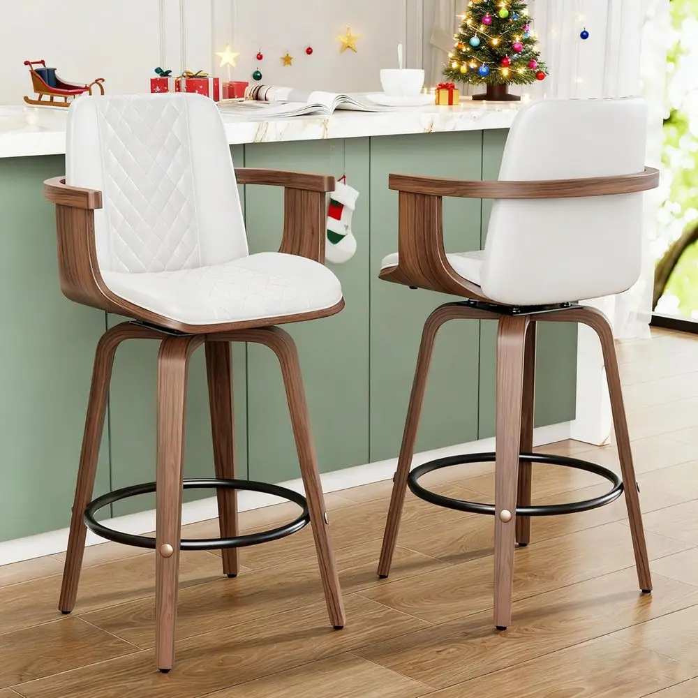 زوج من 26 مقعدًا دوارًا من جلد البولي يوريثان بأذرع، باللون الأبيض، لطاولة المطبخ الحديثة أو الجزيرة