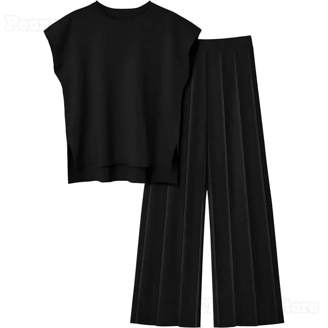 2024 European And American Style Knitted Casual Suit Sleeveless Vest Sweater + Wide Leg Pants Two-Piece Set