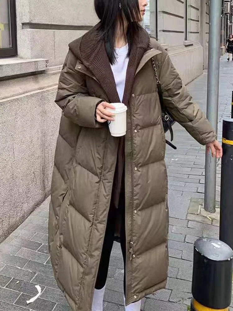 

Зимний вязаный пуховик до колена с капюшоном и шалью, женский утепленный пуховик на белом утином пуху, женская длинная верхняя одежда на молнии Parker