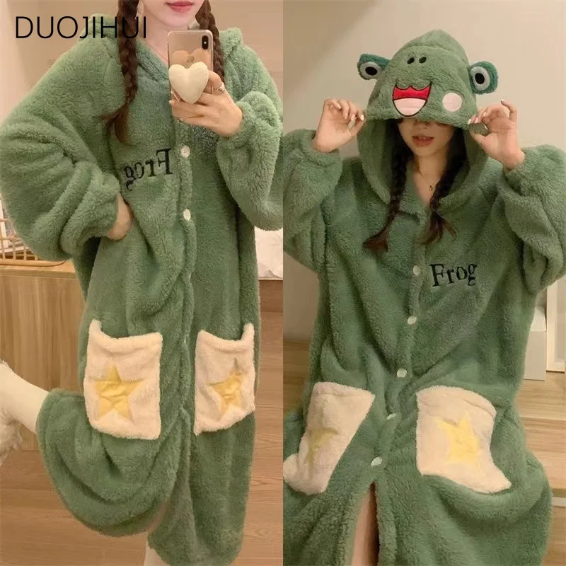 DUOJIHUI Basic Hooded Winter Sweet Warm Robes for Women New Contrast Color Chic Single Breasted Simple Fashion Female Sleepwear