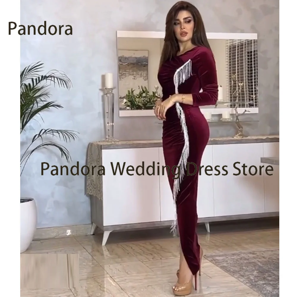 Pandora V-Ausschnitt boden langes langärmliges formelles Abendkleid mit geschlitztem Meerjungfrau Velours saudi-arabischen Frauen hochzeits kleid