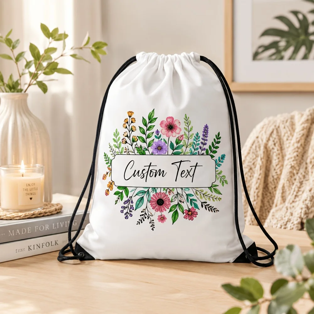 1Pc Personalized Custom Name/Text Drawstring Bag, Floral Pattern Design Storage Pouch, Lightweight Travel Bags Gym Backpack