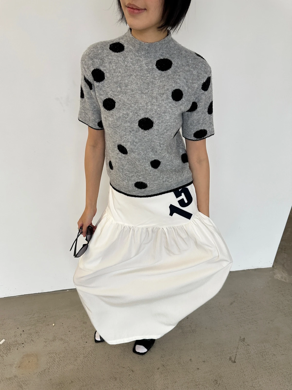 

Женский повседневный топ из шерстяной смеси с коротким рукавом, вязаный, в горошек, с цветными блоками, круглый вырез, трикотаж