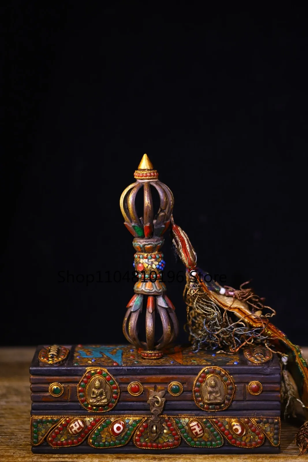 Bronze Painted Gem gZi Beads shell Nine Shares Vajra Amulet