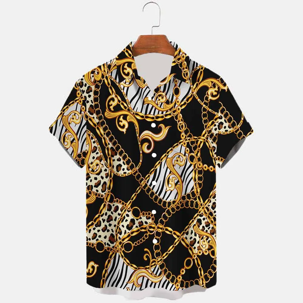 

3D Baroque Luxury Style Leopard Print Gold Chain pattern Men's Shirts Summer Casual Short sleeve Lapel Beach Vacation Man Shirts