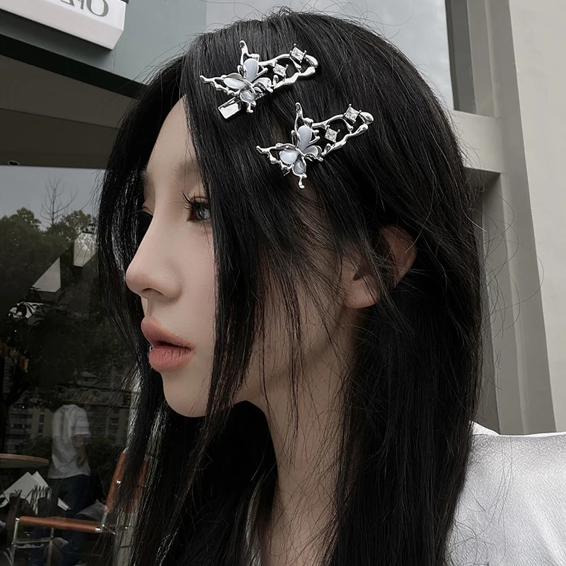 

Y2K Irregular Liquid Metal Hairpin Butterfly Zircon Hair Clips Girl Fashion Silver Bang Clip For Women Hair Accessories