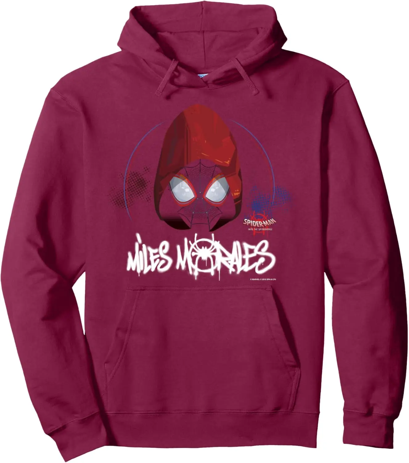Mens Cotton Fleece Hoodie with Miles Morales Spider Man Print Red Black Mask Design Blue Red Circle Frame on Black Pullover