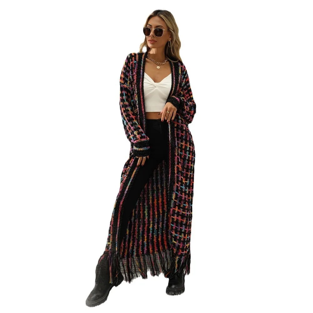 2024 winter striped large size tassel long cardigan coat sweater loose long sleeves, bateau collar women's clothing EU and USA