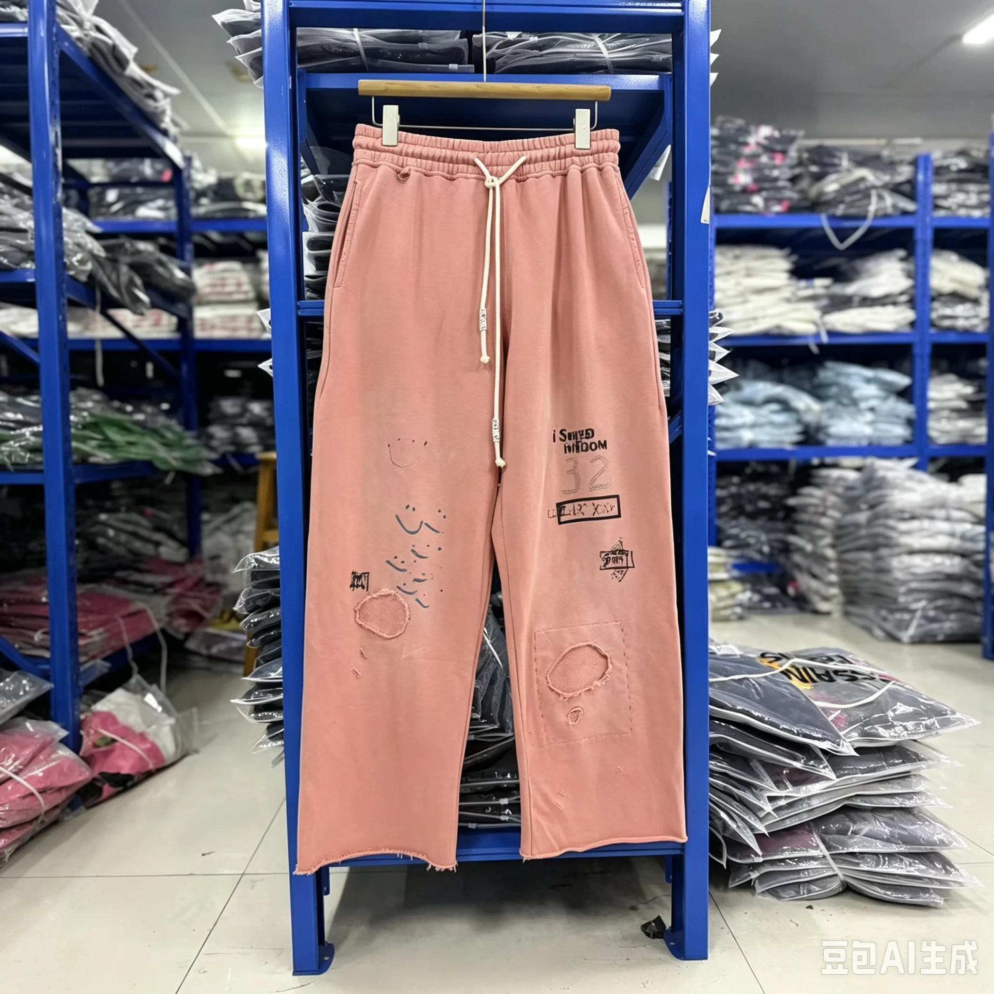 Pink Green Paly Washed Bowing Sweatpants Drawstring Track Pants Men Women Classic Hem Hole Stitch Box Diamond Digit 32 Trousers