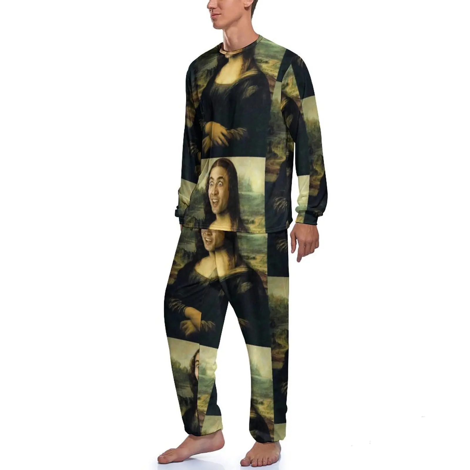 Nicolas Cage Meme Pajamas Mens Funny Mona Lisa Cool Home Suit Daily Long Sleeve 2 Piece Leisure Pattern Pajama Sets