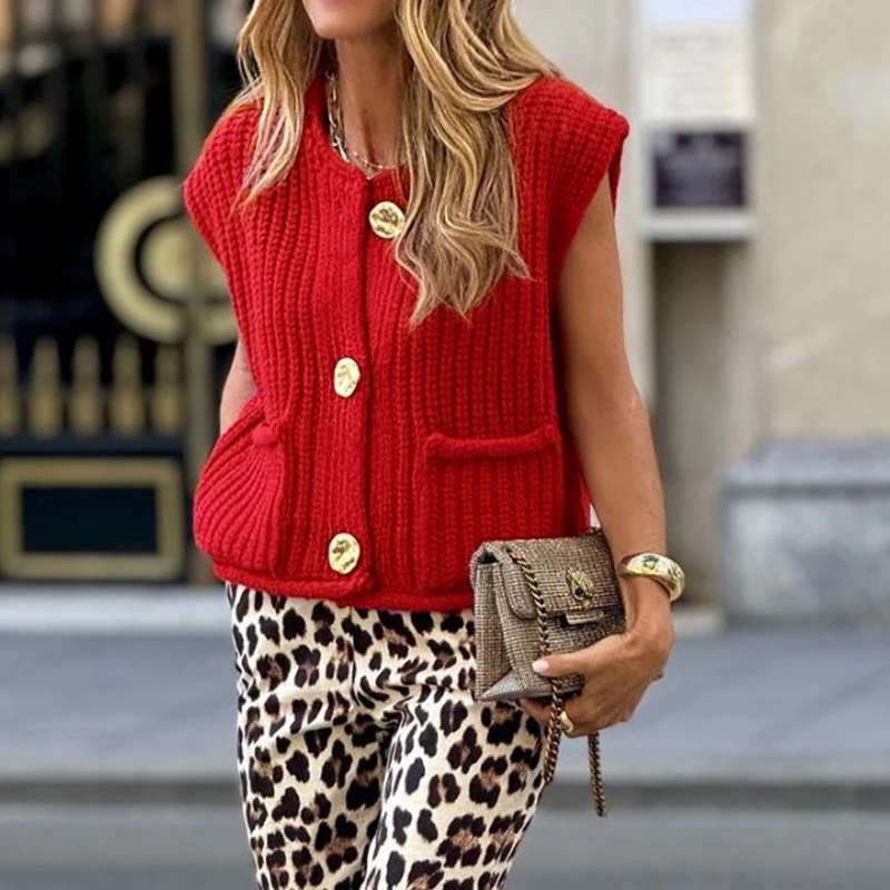 

Женский трикотажный свитер с круглым вырезом, без рукавов