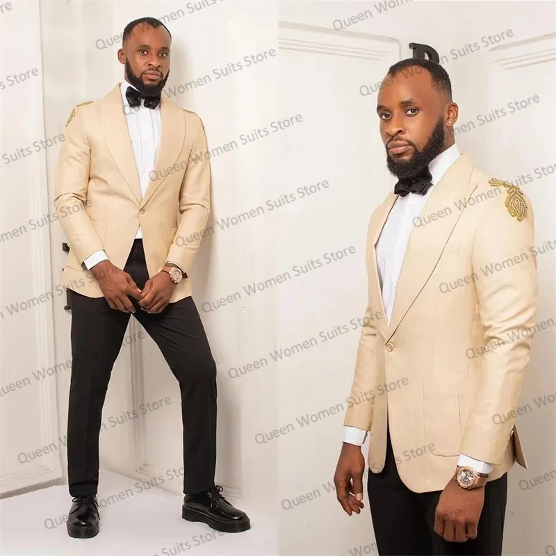 

Khaki 2 Pieces Men Suits Set Blazer+Black Pants Gold Beaded Custom Made Wedding Formal Prom Dress Guest Groom Tuxedo Jacket Coat