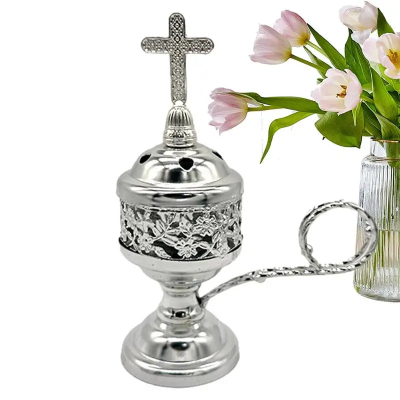 Vintage Catholic Incense Burner With Cross Small Brass Metal Crafts Aromatherapy Diffuser for Family Yoga Home Decoration