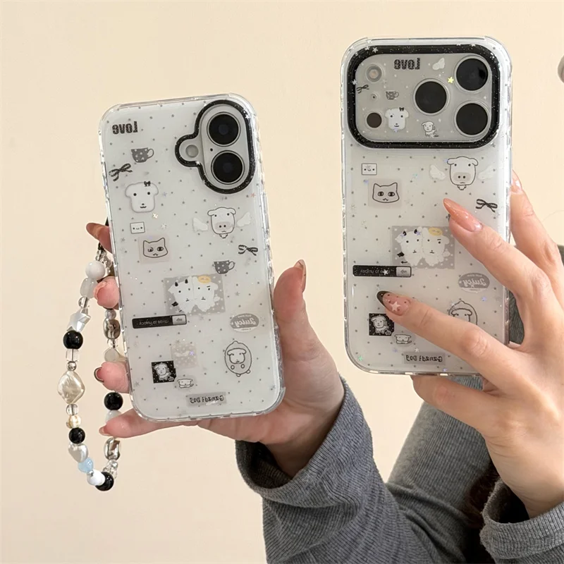 

Cute Kawaii Transparent Glitter Cartoon Animal Phone Case For iPhone 16 15 14 13 Minimalist Sticker Print Protective Cover for G