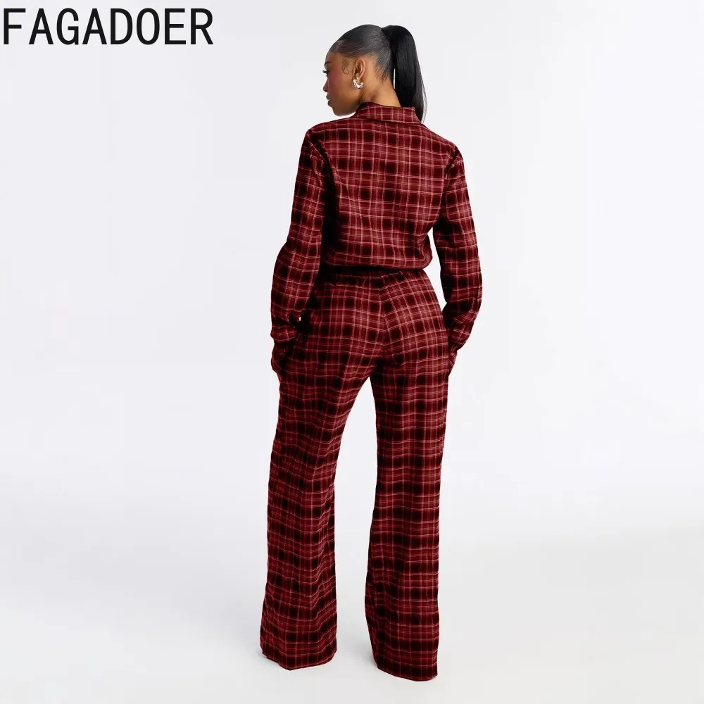 FAGADOER Fashion Checkered Print Bodycon Jumpsuits for Woman Long Sleeves Ruched Patchwork Rompers Female Streetwear Overalls