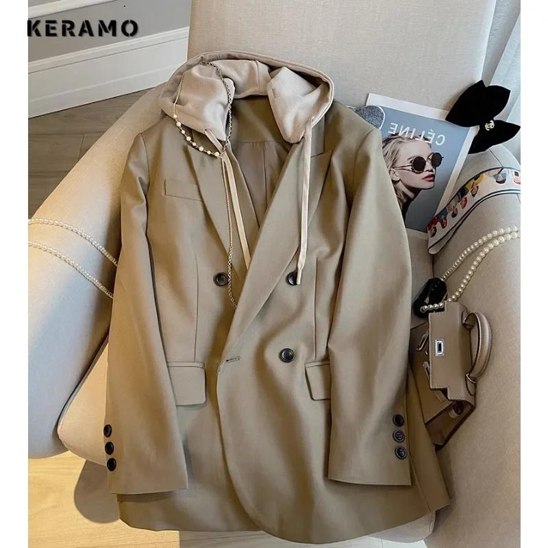 Retro Office Lady Patchwork Notched Collar Long Sleeve Hooded Blazers 2023 Winter Women Vintage Casual Loose Tailored Coat