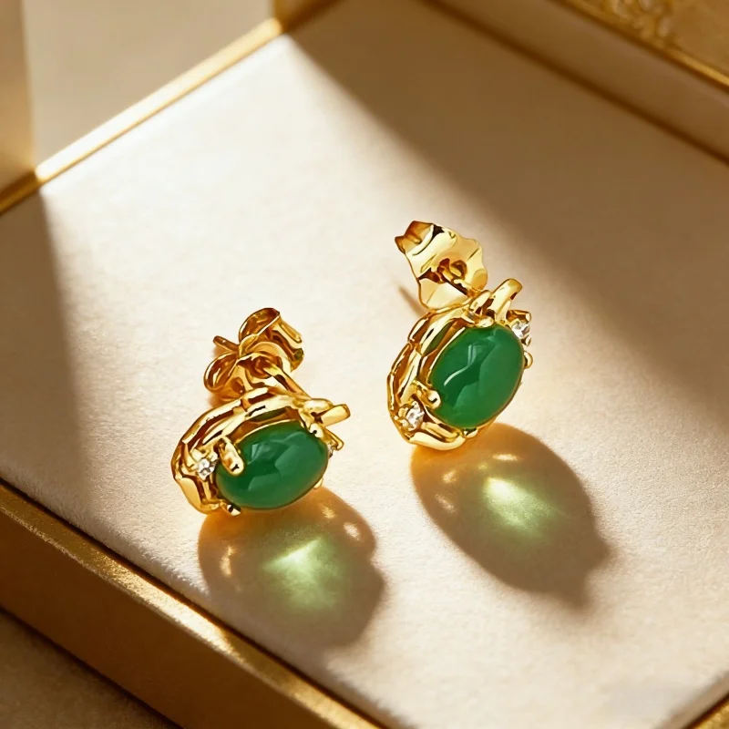 

925 Silver Plated Gold Fashion Compact Jade Zircon Stud Earrings Birthday Party Anniversary Wedding Gift