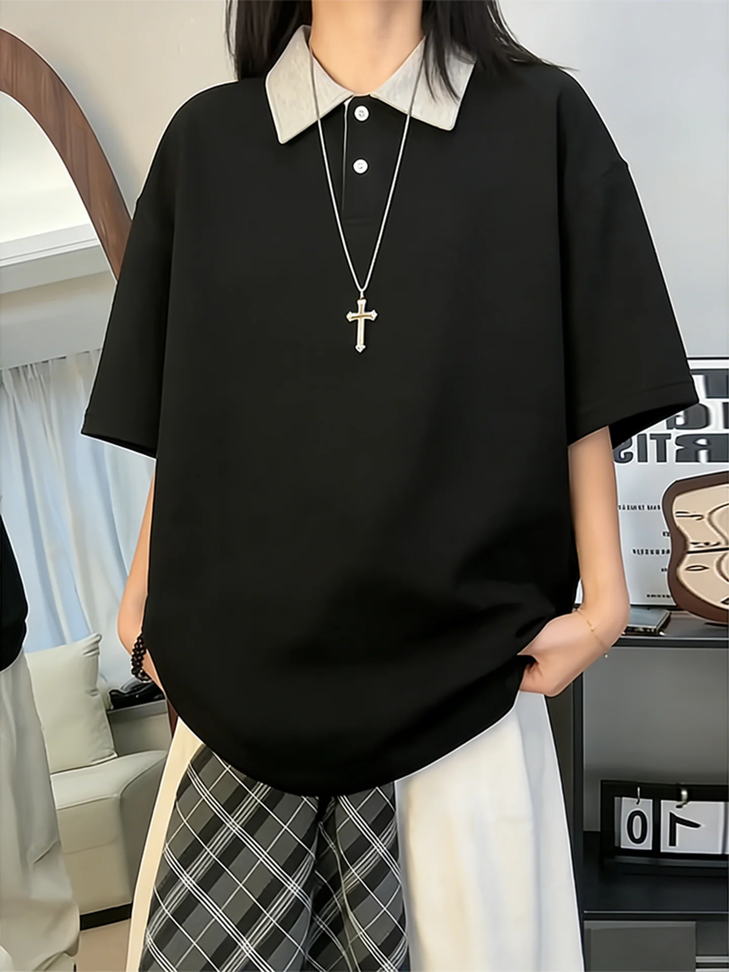 

Черная мужская летняя футболка с коротким рукавом в американском стиле, с цветовыми блоками, премиум-класса, с воротником, полурукав, Cleanfit, повседневная одежда