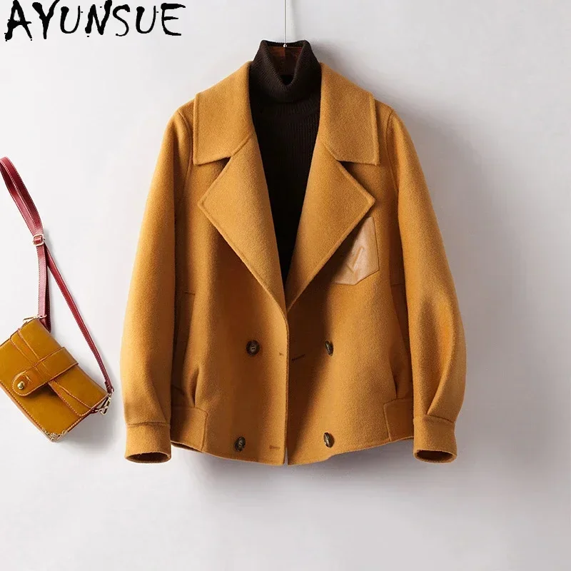 

Solid AYUNSUE Color 100% Wool Jackets for Women 2024 Fall Winter Korean Style Double-sided Woolen Coat Suit Collar Abrigo Mujer