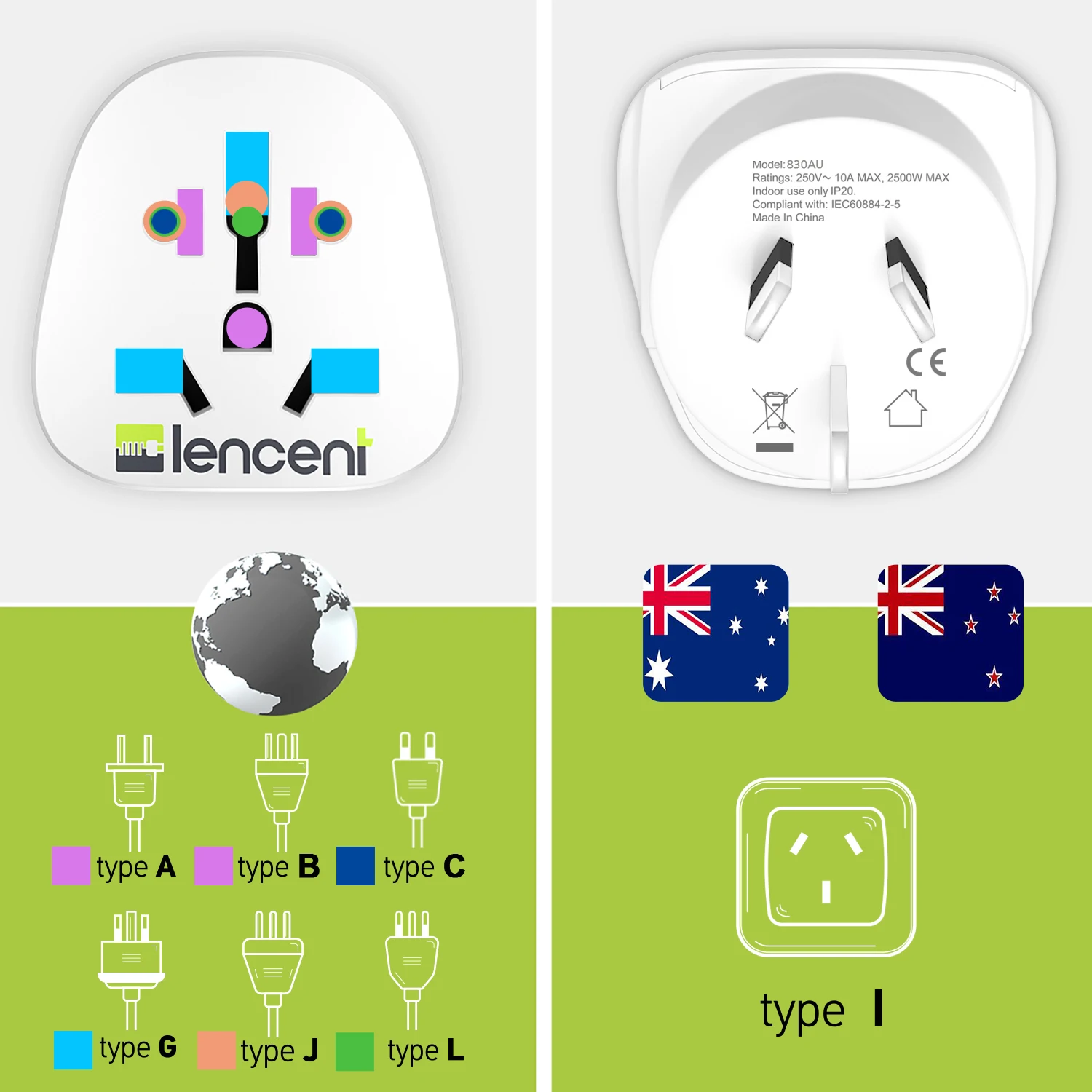 LENCENT 2 PCS World to AU Travel Adapter Overload Protection Convert World Plug to AU Grounded Plug Wall Socket for Travel/Home