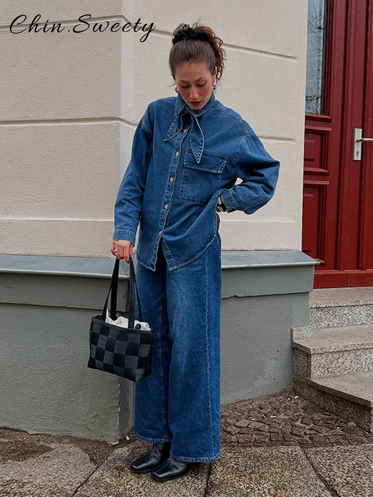 

Chic Lace Up Bow Denim Pants Sets Women Lapel Full Sleeve Single Breasted Top High Waist Wide Leg Jeans 2025 Spring Lady Outwear