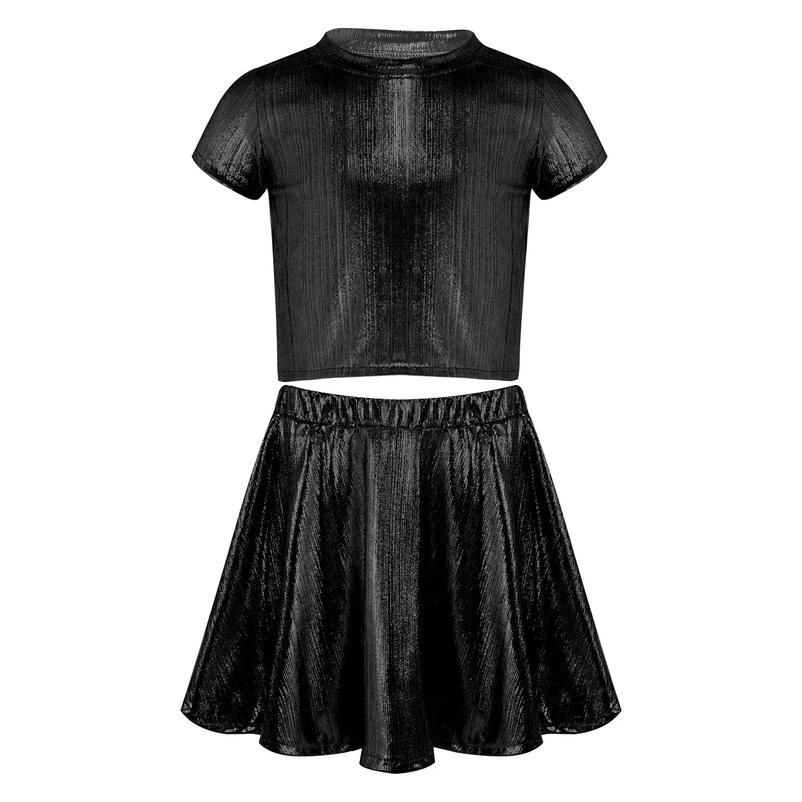 Kids Girls Metallic Ribbed Jazz Dance Outfit Disco Wear T-shirt with Skirt for Rave Hip Hop Cheerleading Performance Costumes