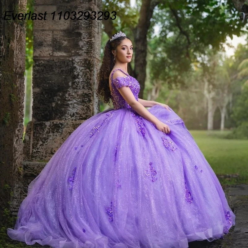 EVLAST Customized Mexican Shiny Purple Quinceanera Dress Ball Gown Lace Applique Beaded Corset Sweet 16 Vestido De 15 Anos E1Q55