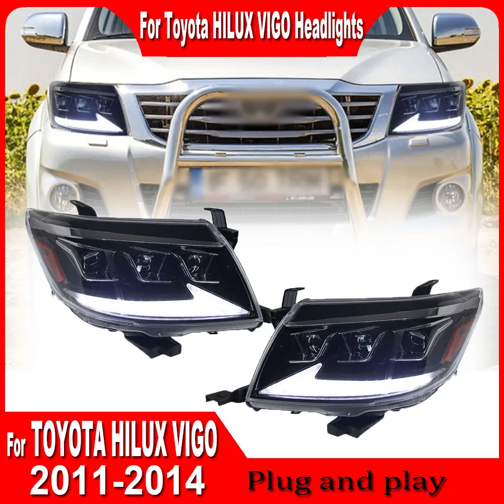 Car Accessories LED Lights For Toyota 20111 2012 2013 2014 Vigo Headlight 3 Lens Projector Front Lamp Sequential Turn Signal 2pc