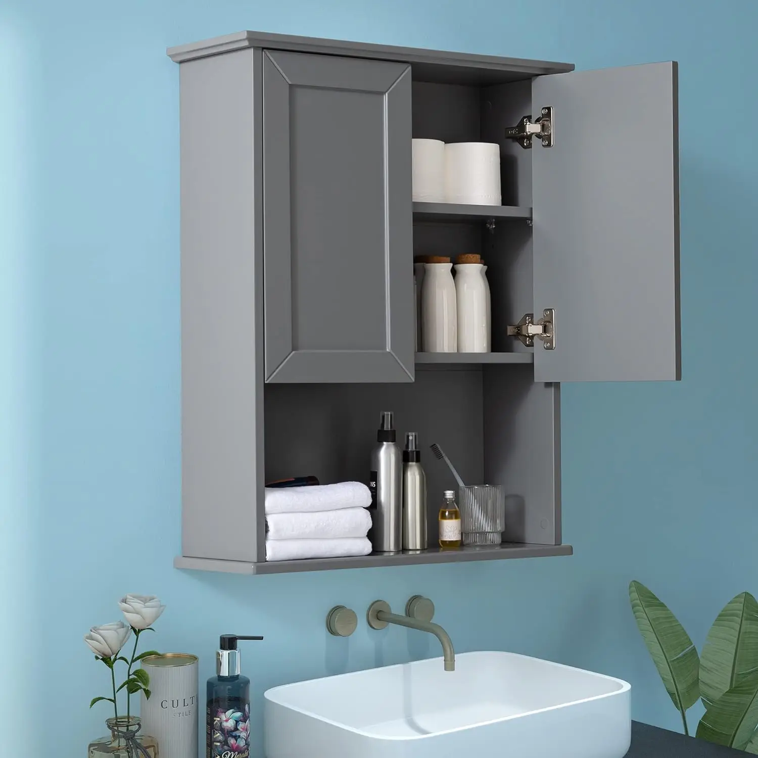 VANIRROR Gabinete gris montado en la pared con 2 puertas, botiquín de madera con estante ajustable, 23" x 29" sobre la pared del inodoro