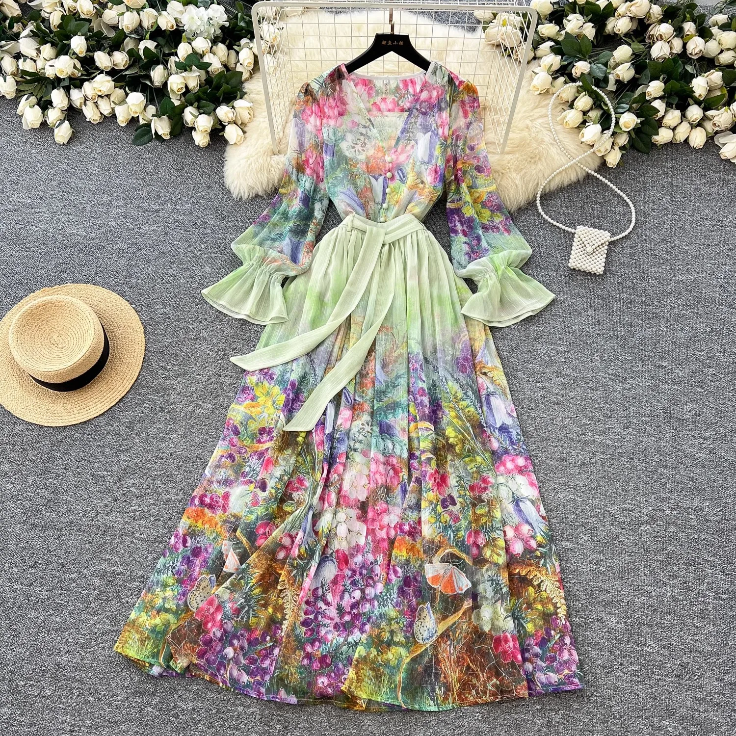 

Elegant Long Sleeve Vintage V-Neck Floral Print Breasted Top Slim High Waist Belt Skirt French Vacation High Street Summer Sets