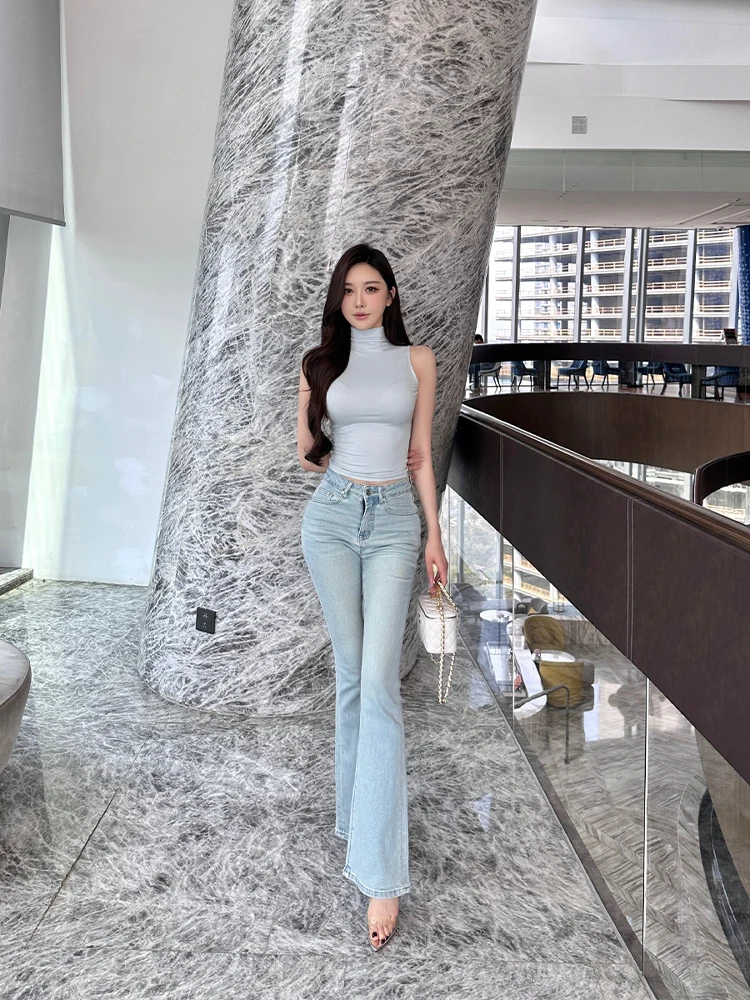 

Джинсы женские с высокой талией, расклешенные, повседневные, светло-голубые, винтажные, с эффектом похудения, удобные, дышащие, из смесового хлопка