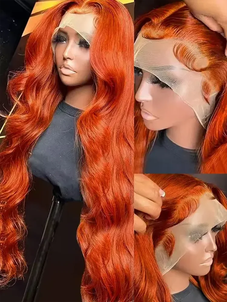 Wig Rambut Asli Ginger Orange Body Wave 13x6 HD Lace Front, Kepadatan 250, Pre Plucked, Remy Hair