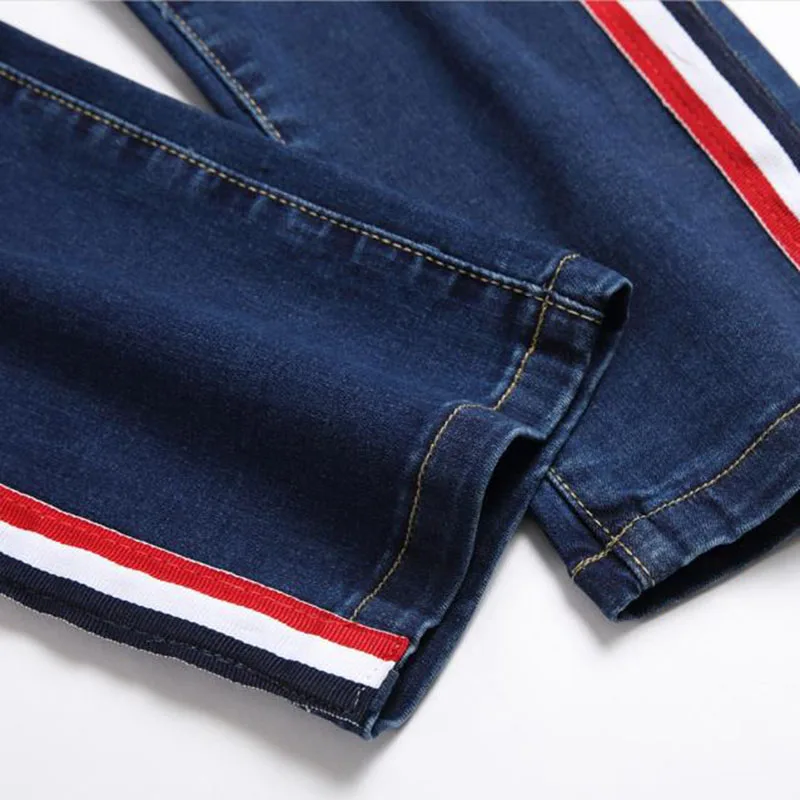 Pantalones vaqueros con rayas laterales para Hombre, Pantalón recto de algodón, elástico, estilo clásico, nueva moda